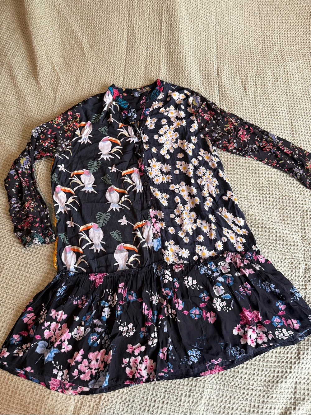 Sacred Threads Floral and Tropical Bird Patchwork Dress L/XL